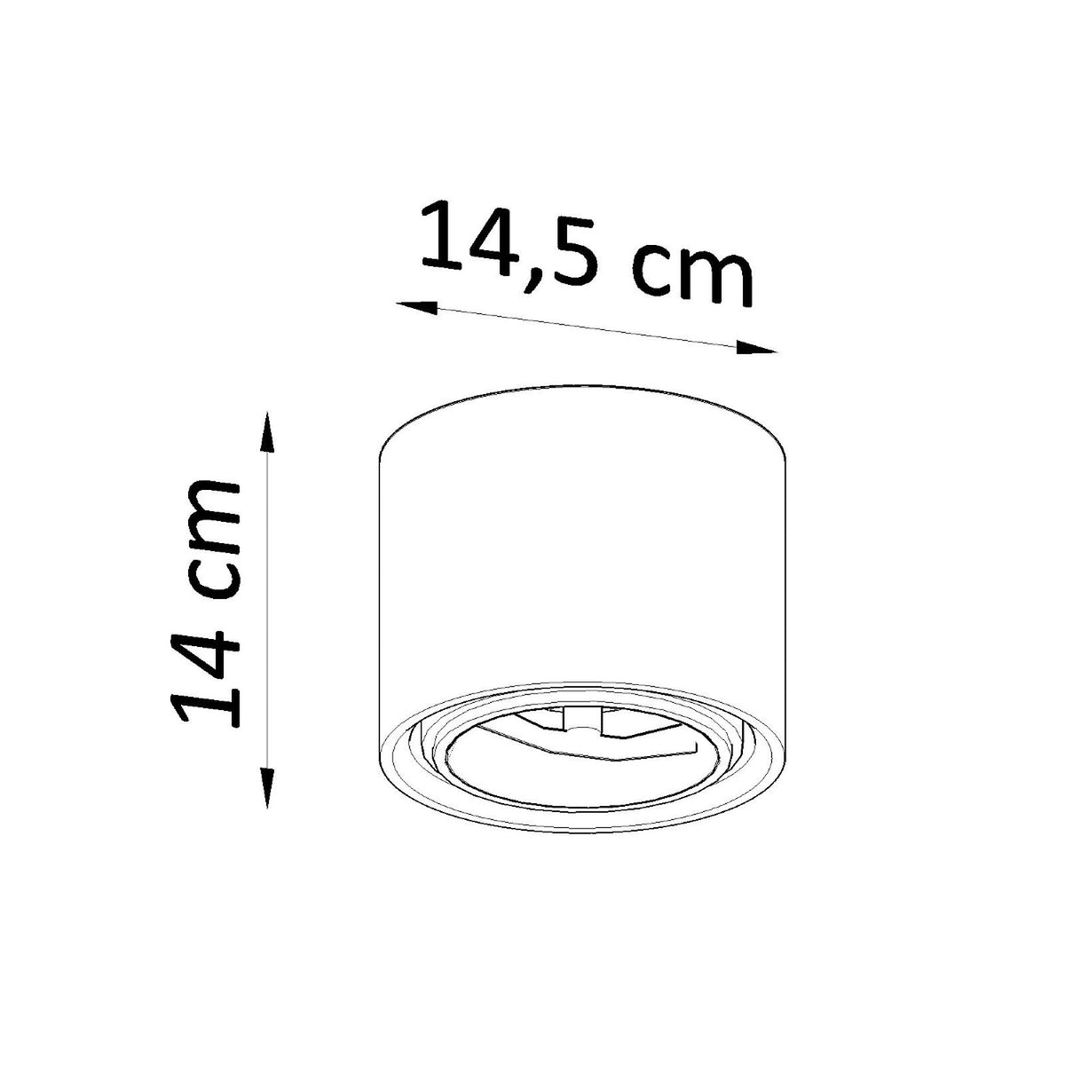 Schéma technique coté indiquant 14,5 cm de diamètre et 14 cm de hauteur