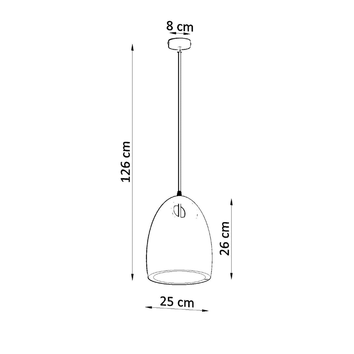 Schéma coté indiquant hauteur totale 126 cm, abat-jour 26 cm et diamètre 25 cm