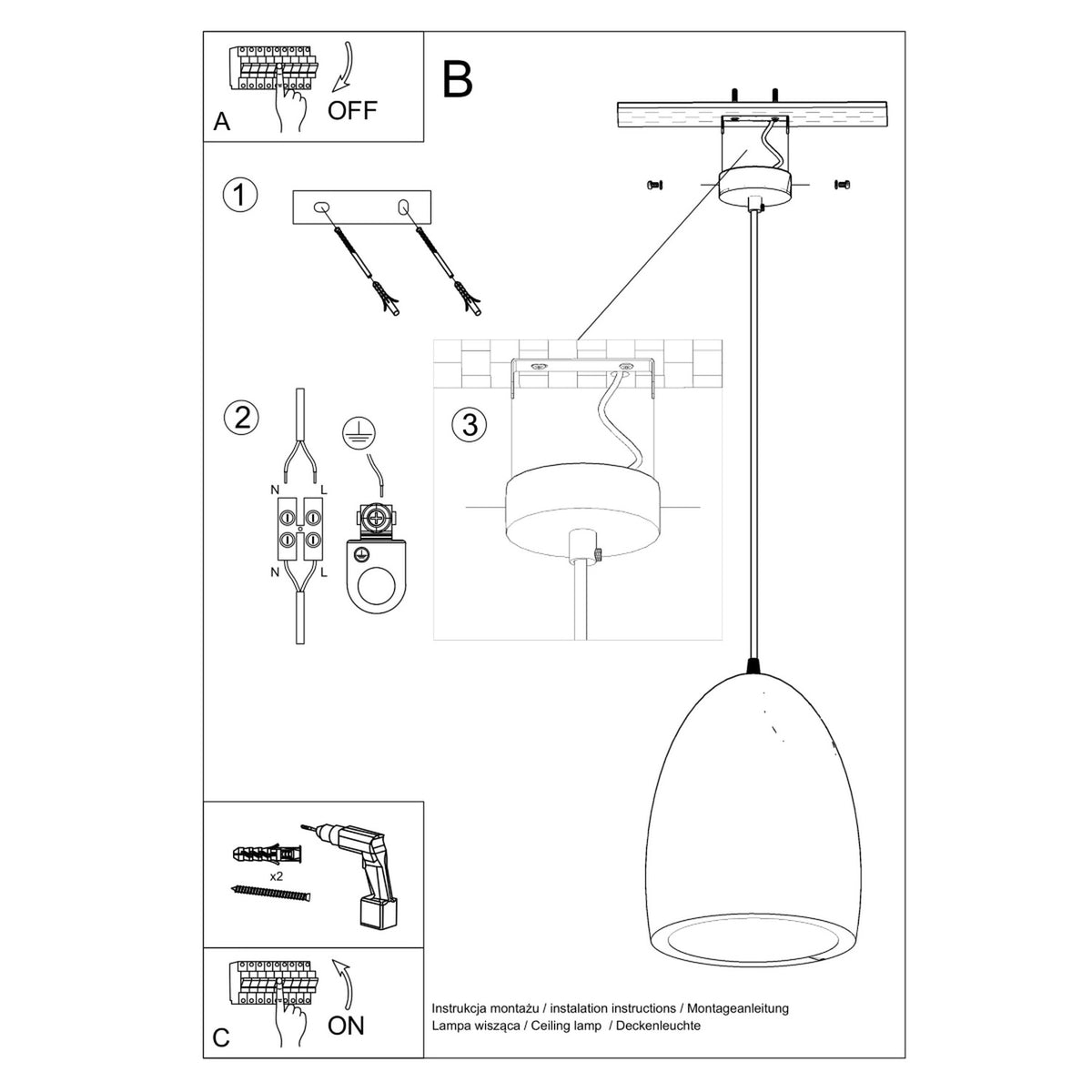 Notice de montage illustrée avec fixations au plafond, raccordement électrique et outils nécessaires