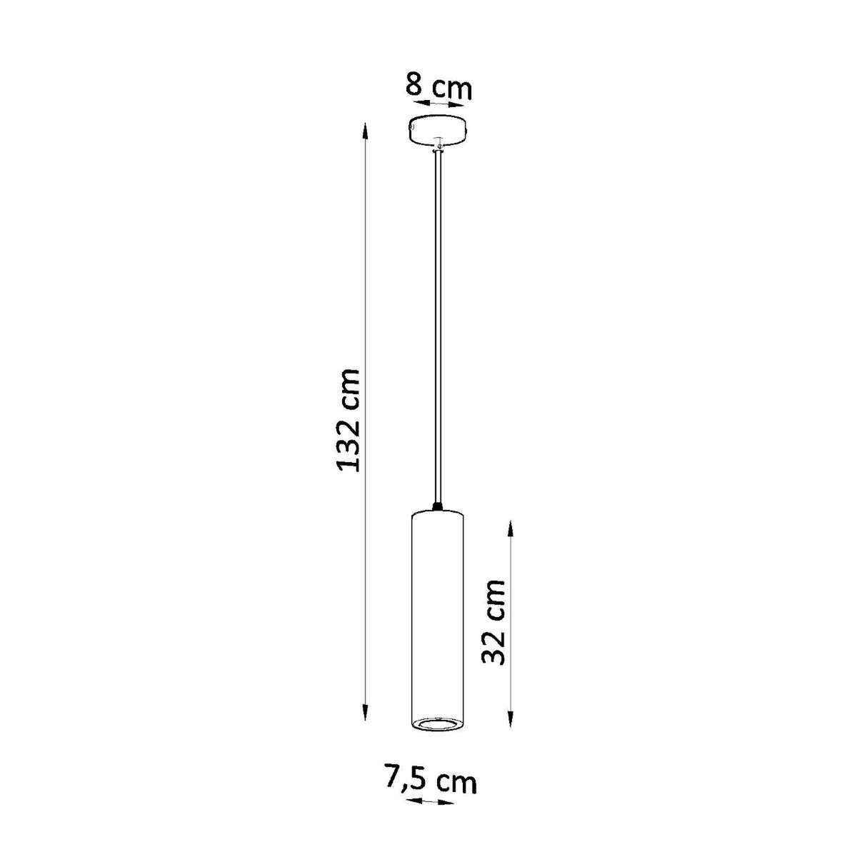 Schéma coté indiquant 132 cm de hauteur, 32 cm d'abat-jour et 7,5 cm de diamètre.