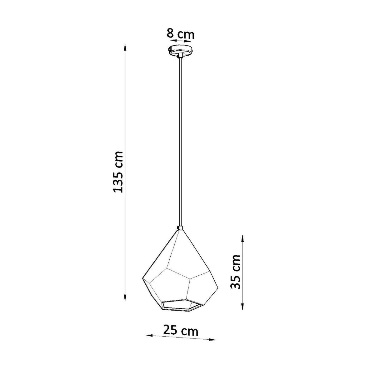 Schéma technique coté du luminaire : hauteur totale 135 cm, abat-jour 35 cm, largeur 25 cm.