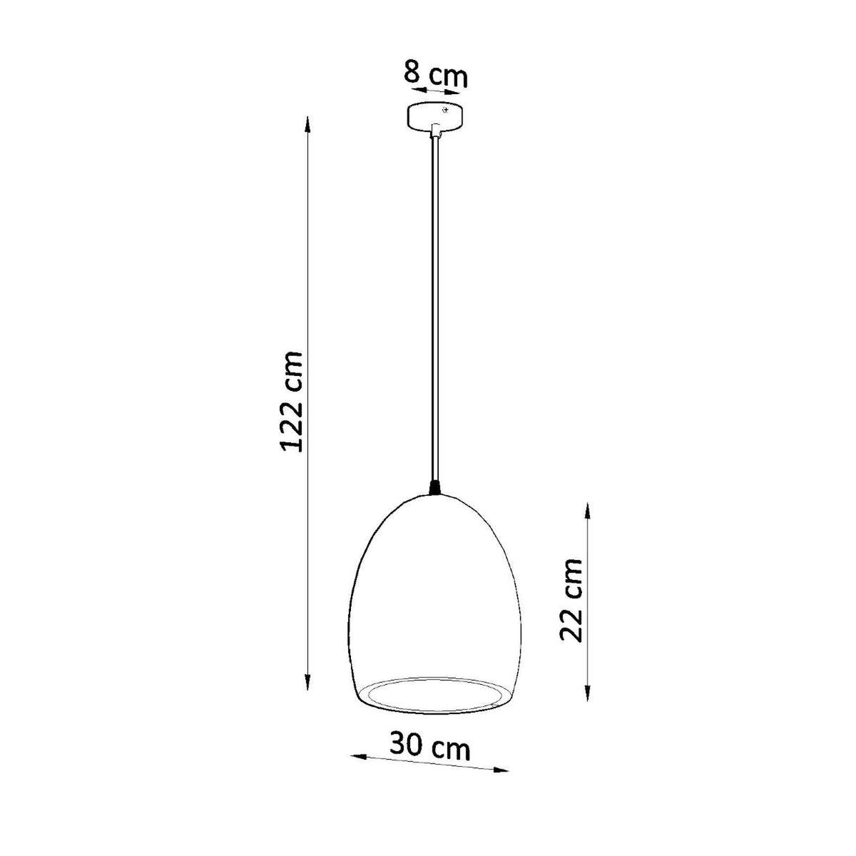 Schéma coté indiquant hauteur totale 122 cm, abat-jour 22 cm et diamètre 30 cm