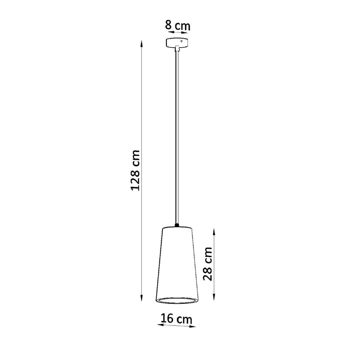 Schéma coté du luminaire avec hauteur totale 128 cm et abat-jour 28 cm