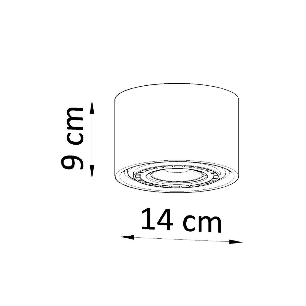 Schéma technique coté indiquant une hauteur de 9 cm et un diamètre de 14 cm.