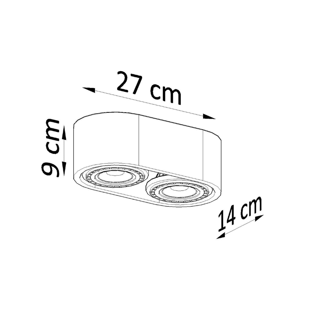 Schéma coté du plafonnier : 27 cm de long, 14 cm de large, 9 cm de haut.
