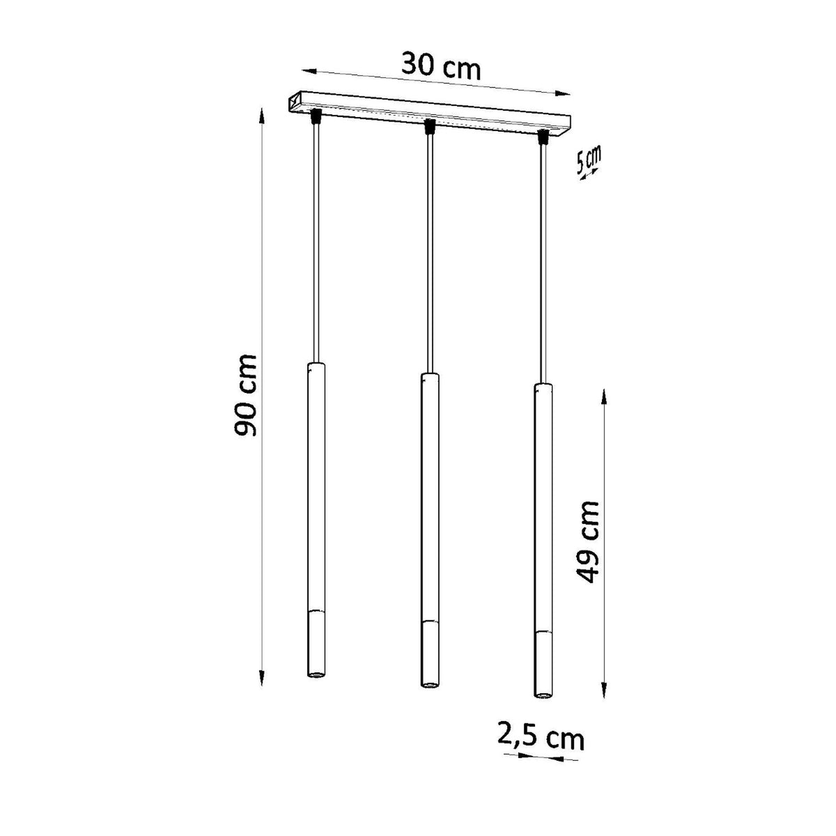 Schéma coté montrant 30 cm de barre, 90 cm de hauteur, 49 cm de tube