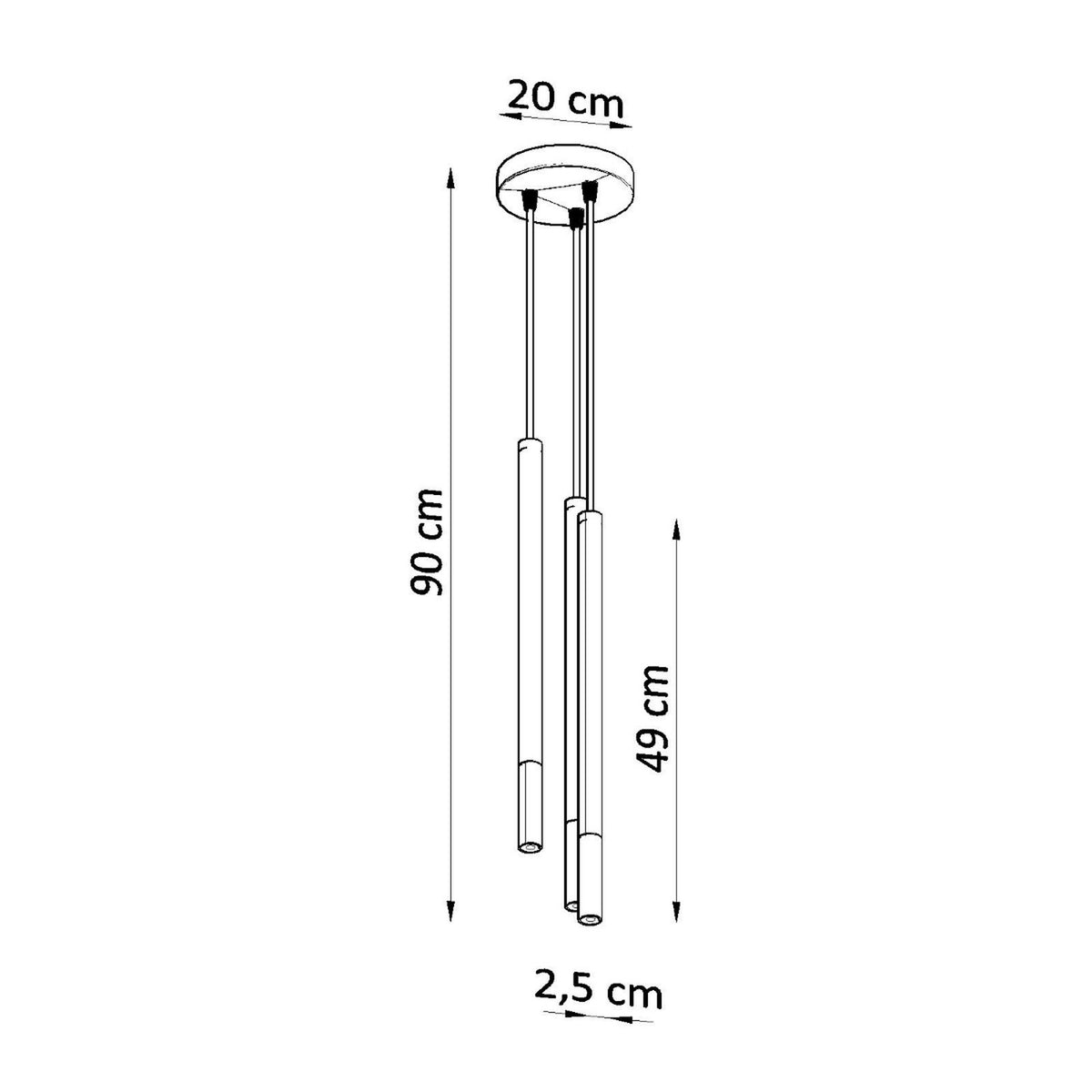 Schéma de dimensions socle 20 cm, hauteur 90 cm, tube 49 cm et diamètre 2,5 cm.
