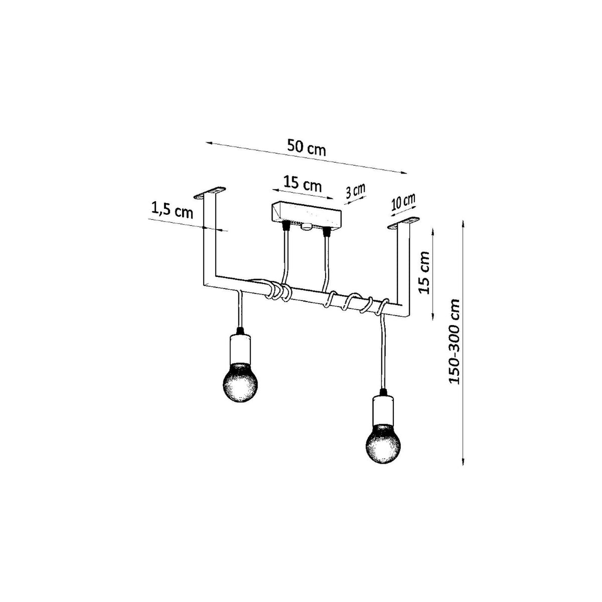 Schéma coté du luminaire : largeur 50 cm, hauteur réglable de 150 à 300 cm.