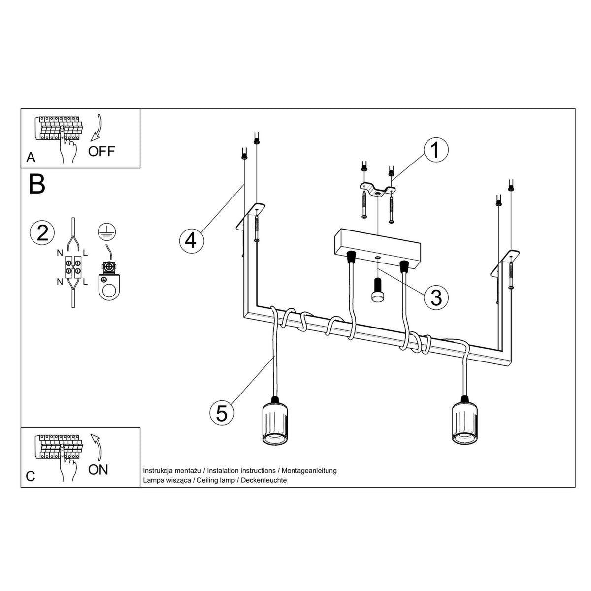 Guide d'installation montrant fixations, câblage et interrupteur, pour lampe suspendue.