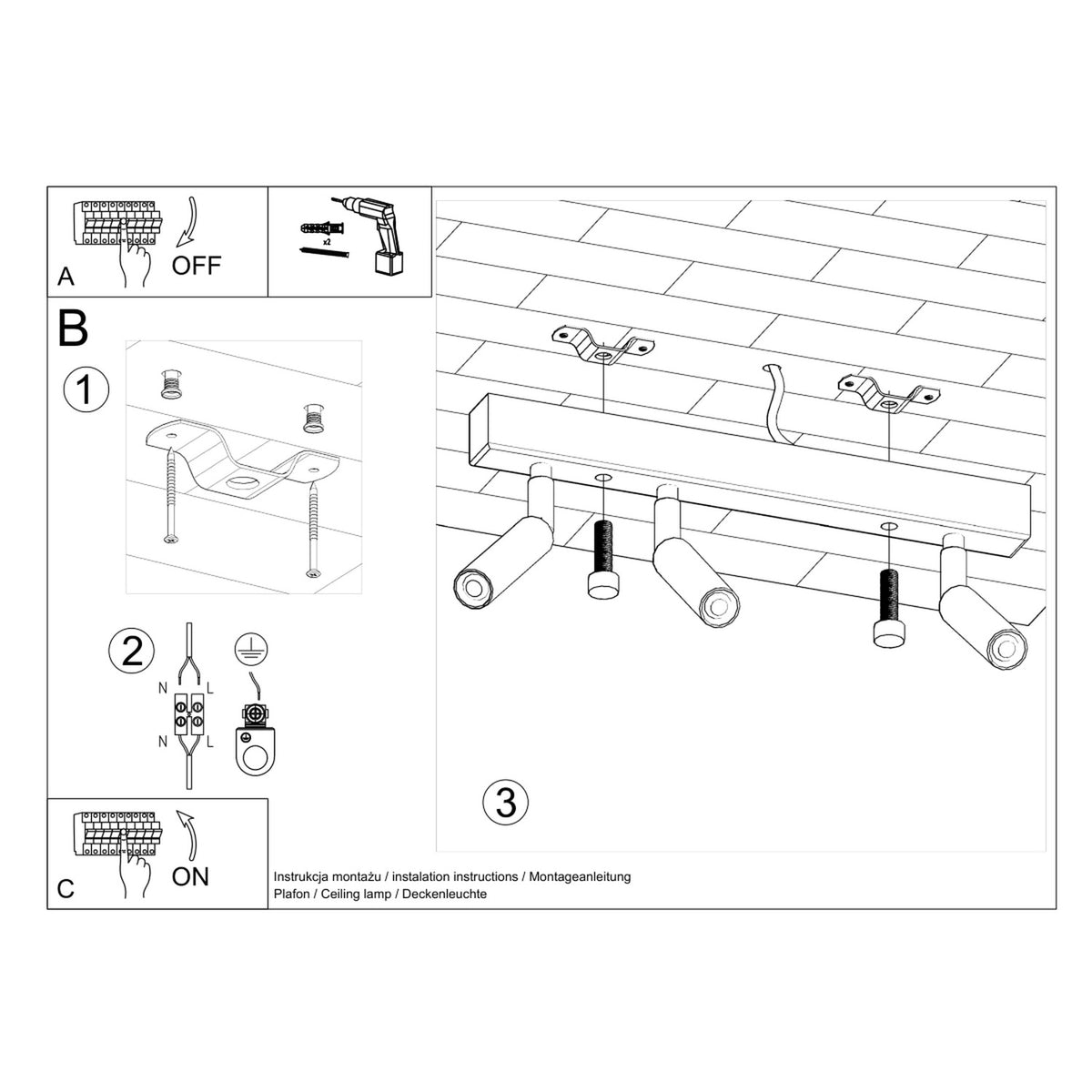 Notice de montage illustrée montrant vissage des supports et raccordement des fils électriques