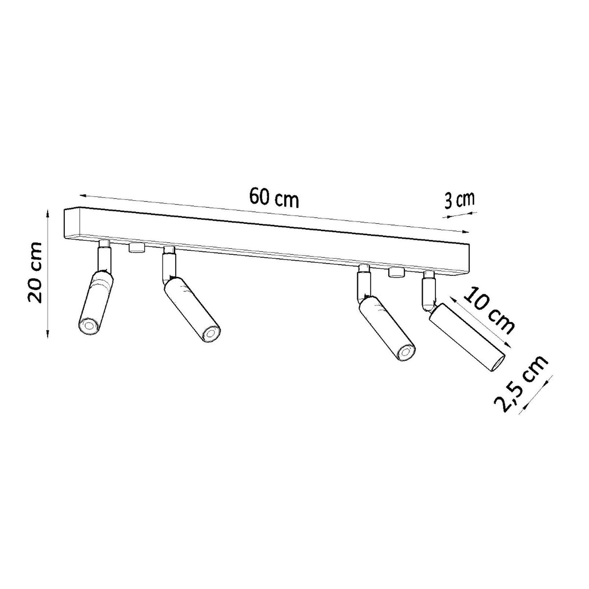 Schéma coté du plafonnier : 60 cm de long et 20 cm de haut