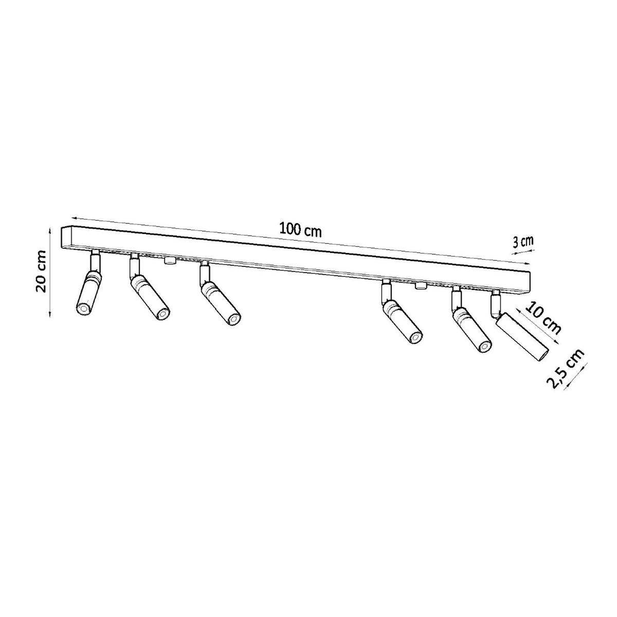 Schéma technique coté avec dimensions du rail et des spots orientables.