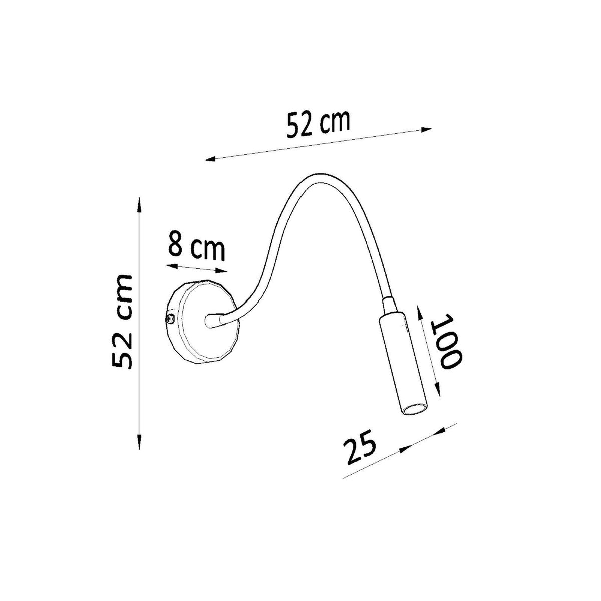 Schéma technique coté indiquant 52 cm de hauteur, base de 8 cm et tête de 100 mm