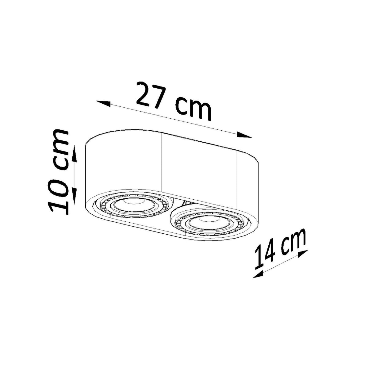 Schéma coté du plafonnier indiquant 27 cm de long, 14 cm de large et 10 cm de haut