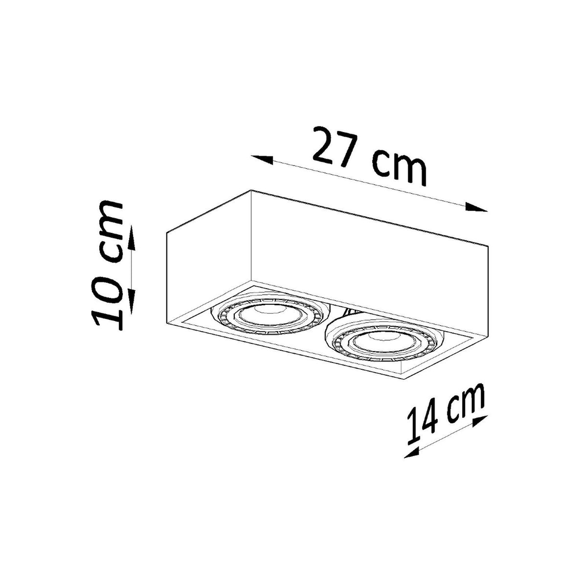 Schéma coté du luminaire : 27 cm de long, 14 cm de large, 10 cm de haut.