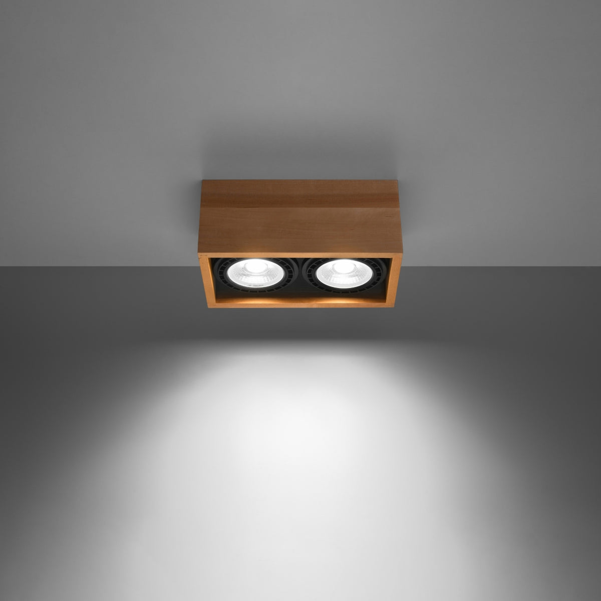 Vue de face du plafonnier allumé, deux spots ronds diffusant une lumière vive.