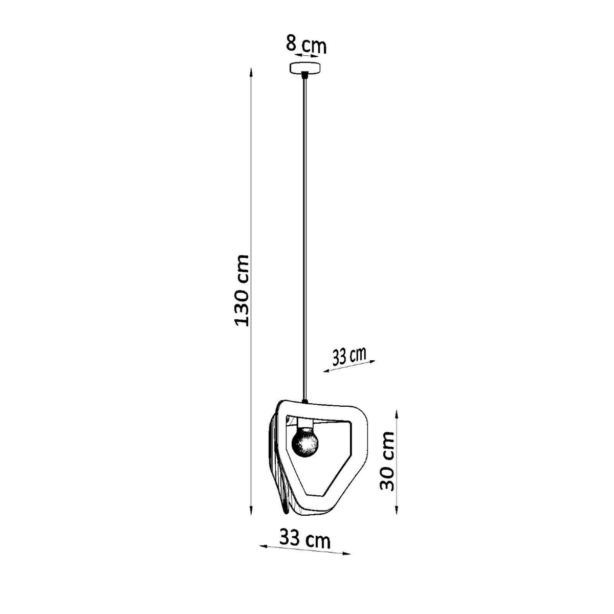 Schéma coté du luminaire : hauteur totale 130 cm, abat-jour 30 cm sur 33