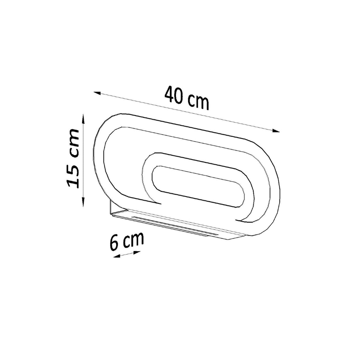 Schéma coté indiquant 40 cm de large, 15 cm de haut et 6 cm de profondeur