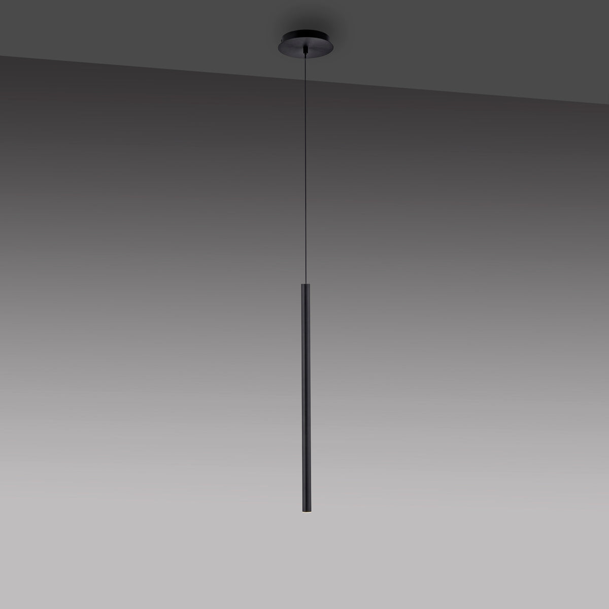 Suspension noire vue en contre-plongée dans une pièce sombre, câble et rosace visibles.