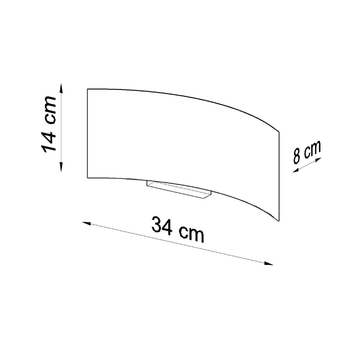 Schéma coté de l'applique : 34 cm de large, 14 cm de haut, 8 cm de profondeur.