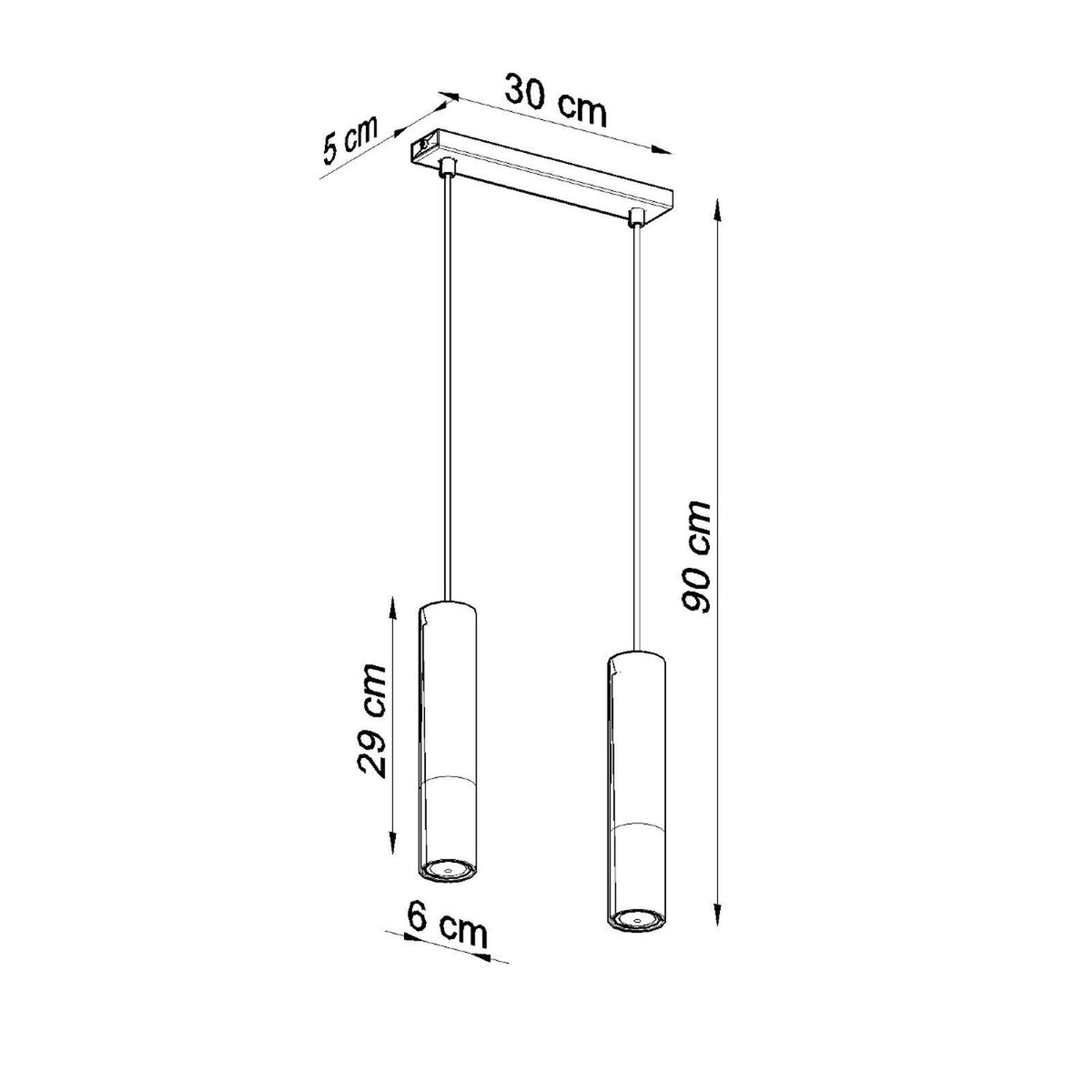 Schéma coté du luminaire, hauteur de suspension et diamètre des cylindres.