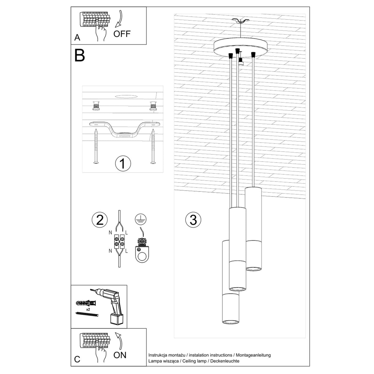 Instructions de montage : fixation au plafond, raccordement électrique et étapes A, B, C.