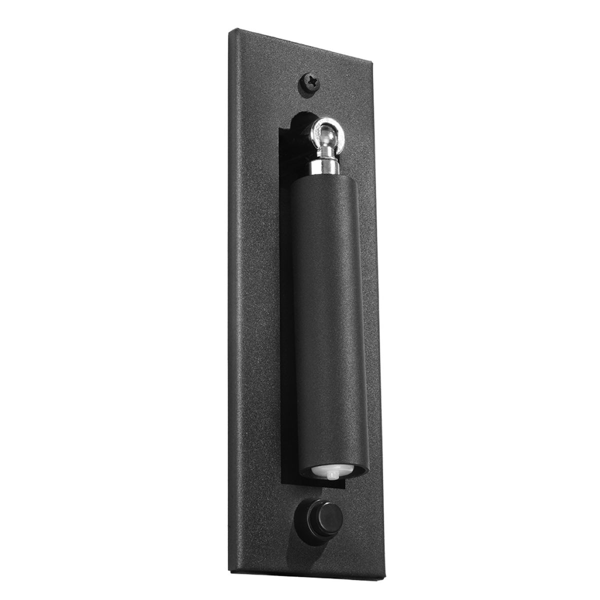 Applique noire avec projecteur cylindrique vertical et bouton poussoir sur platine rectangulaire.