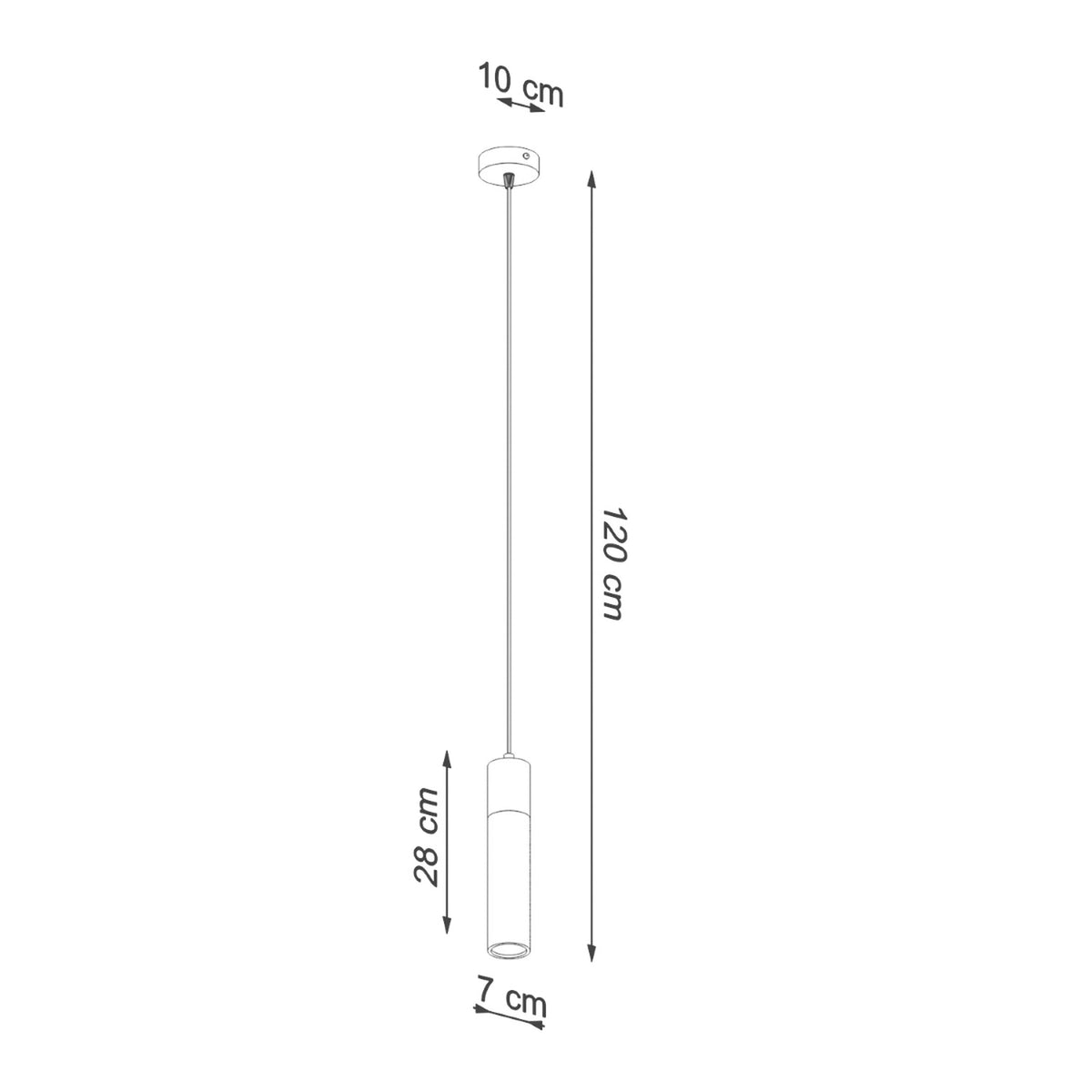 Schéma de dimensions avec base 10 cm, hauteur 28 cm et câble 120 cm.
