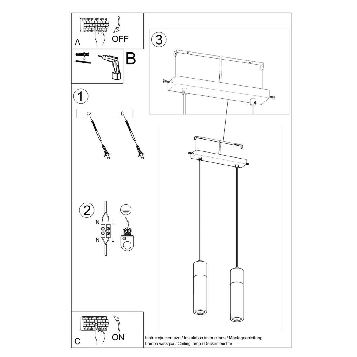 Notice de montage : fixation au plafond, raccordement des fils et mise sous tension.
