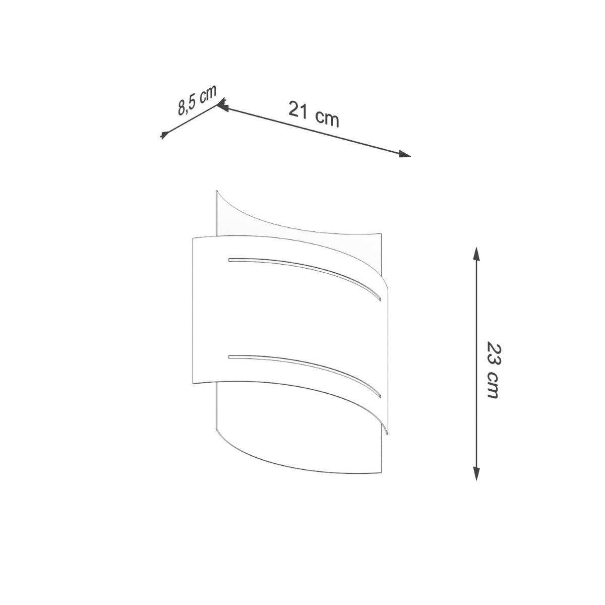 Schéma coté indiquant 21 cm de largeur, 23 cm de hauteur et 8,5 cm de profondeur