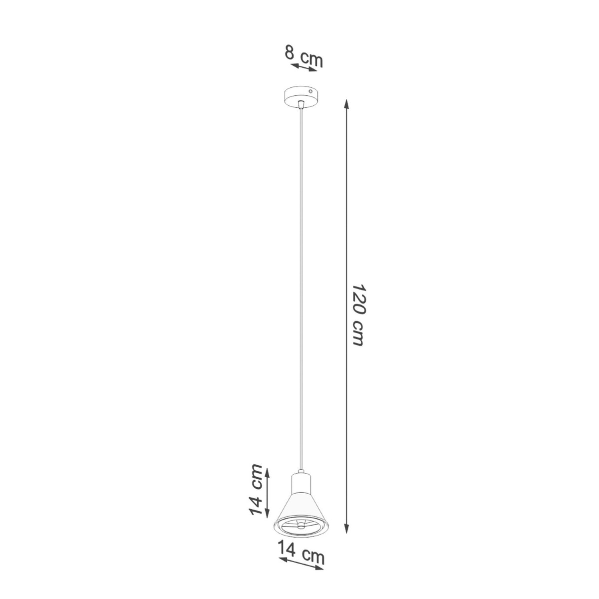 Schéma coté du luminaire : base 8 cm, hauteur 120 cm, abat-jour 14 cm.