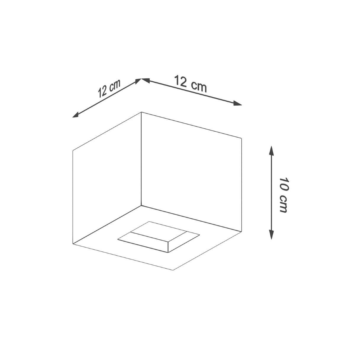 Schéma technique coté indiquant les dimensions : douze centimètres par douze, dix de profondeur.