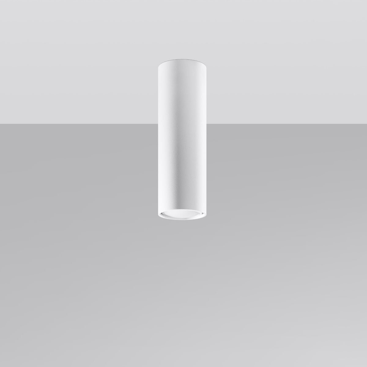 Vue en situation du plafonnier blanc fixé au plafond, corps cylindrique allongé.