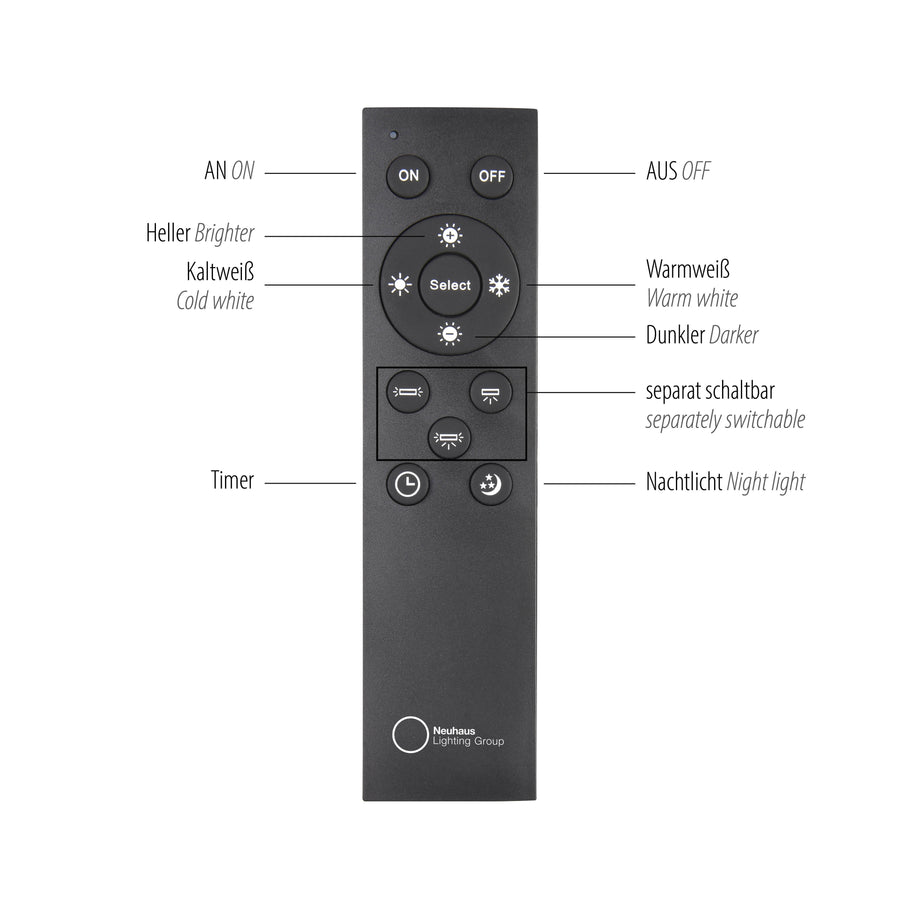 Télécommande noire détaillée avec boutons variateur, température de couleur, minuterie et veilleuse
