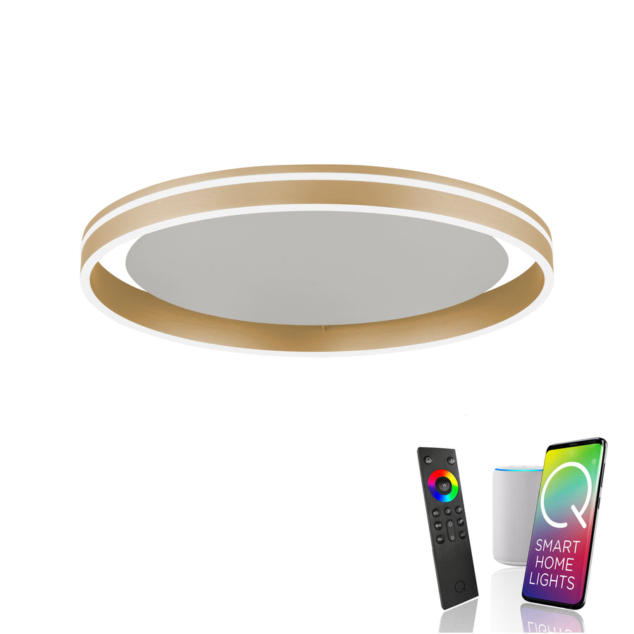 Vue produit détourée accompagnée de la télécommande, d'une enceinte et d'un smartphone.