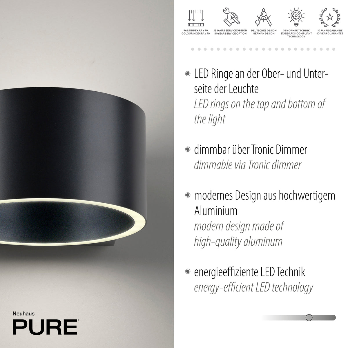 Fiche technique rapprochée du luminaire avec mentions de garantie et de finition aluminium.