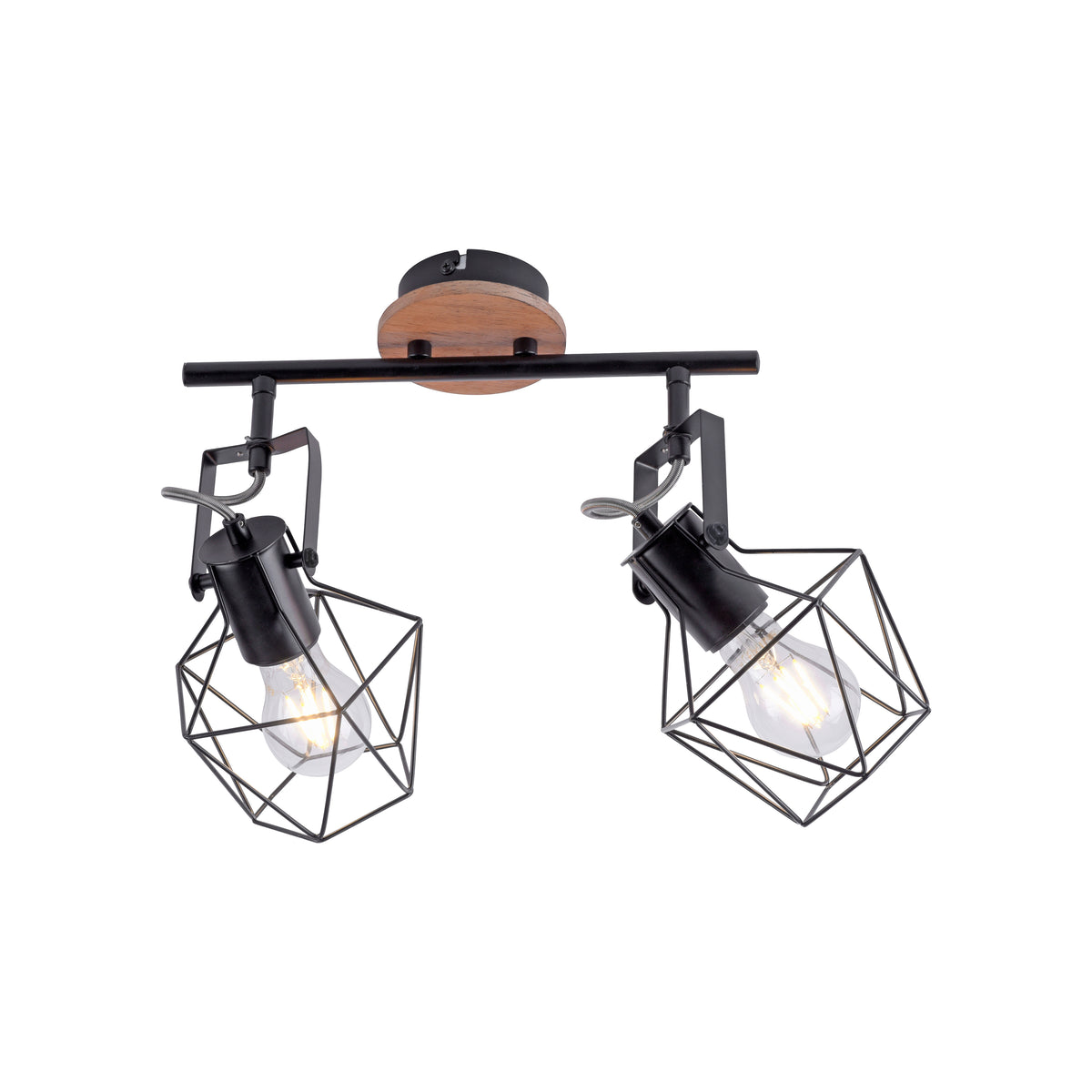 Vue de face sur fond blanc du plafonnier deux lumières noir et bois