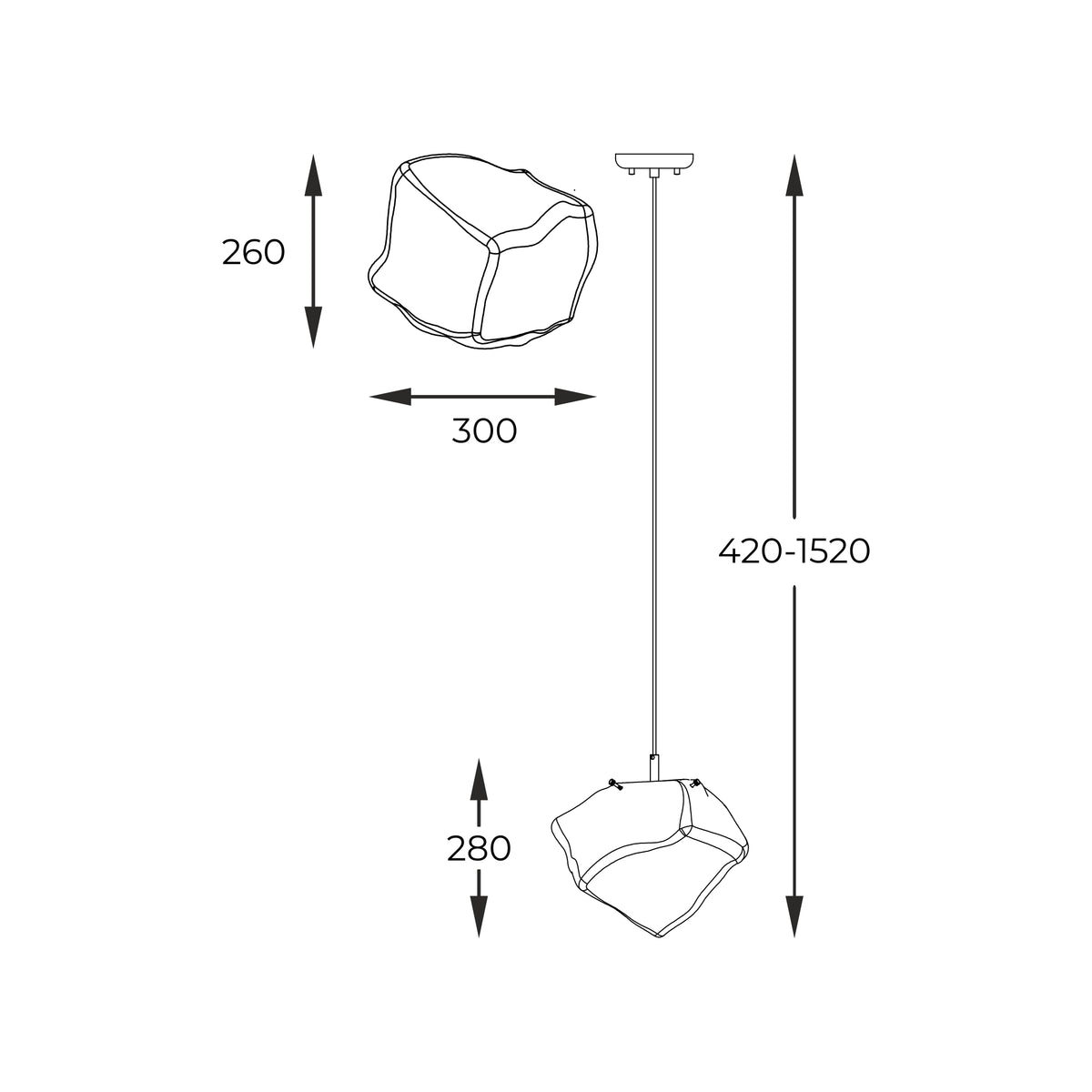 Schéma coté du luminaire avec hauteur réglable et dimensions de l'abat-jour
