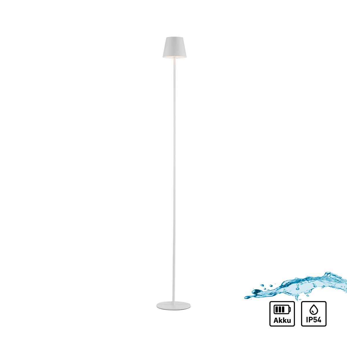 Vue de face avec pictogrammes batterie rechargeable et protection IP54