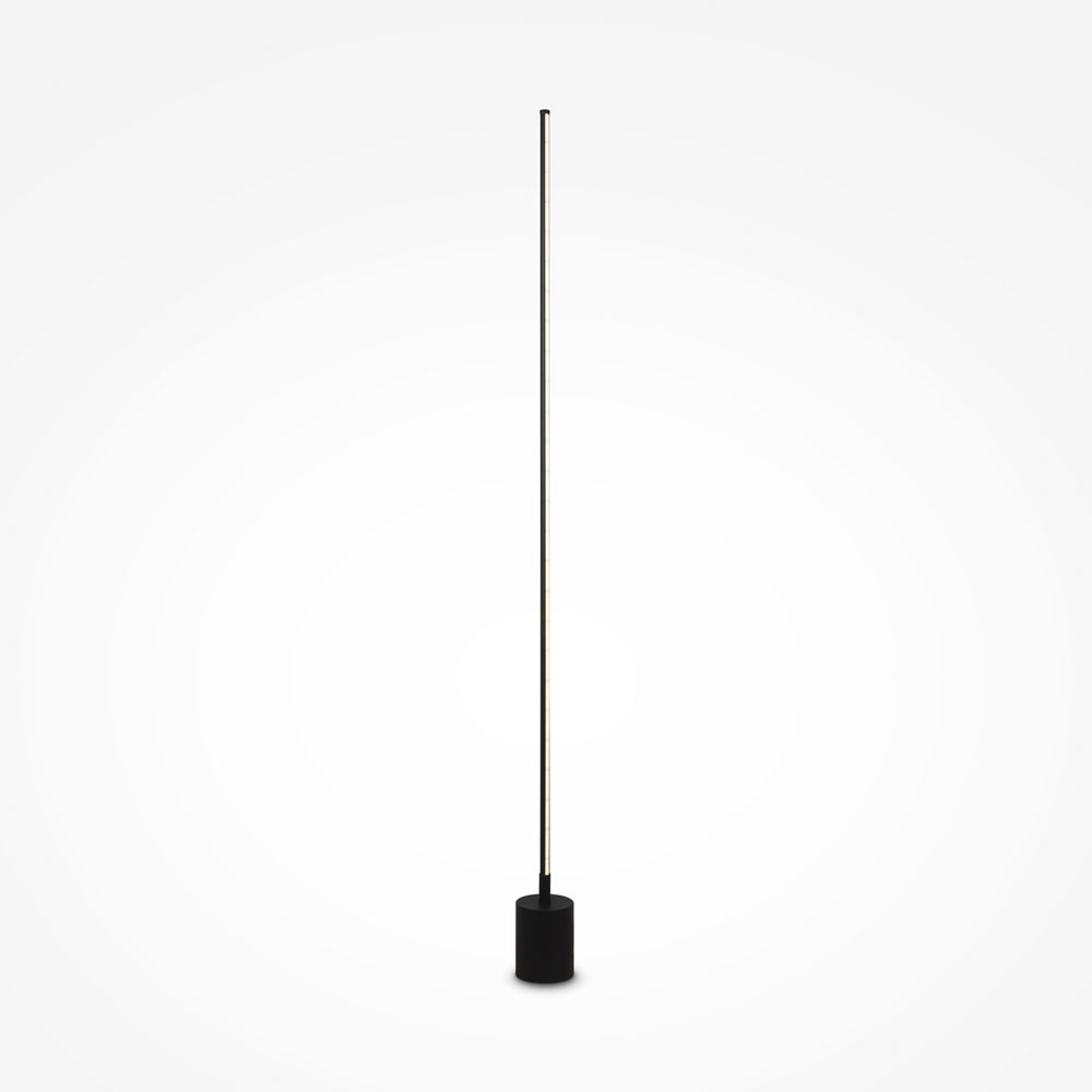 Même lampadaire en finition noire, tige verticale et socle cylindrique sombre