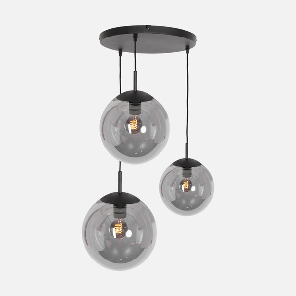 Hängeleuchte aus schwarz getöntem Glas, 3 Kugeln, Wohn- & Esszimmer Ø 35 cm | Bollique