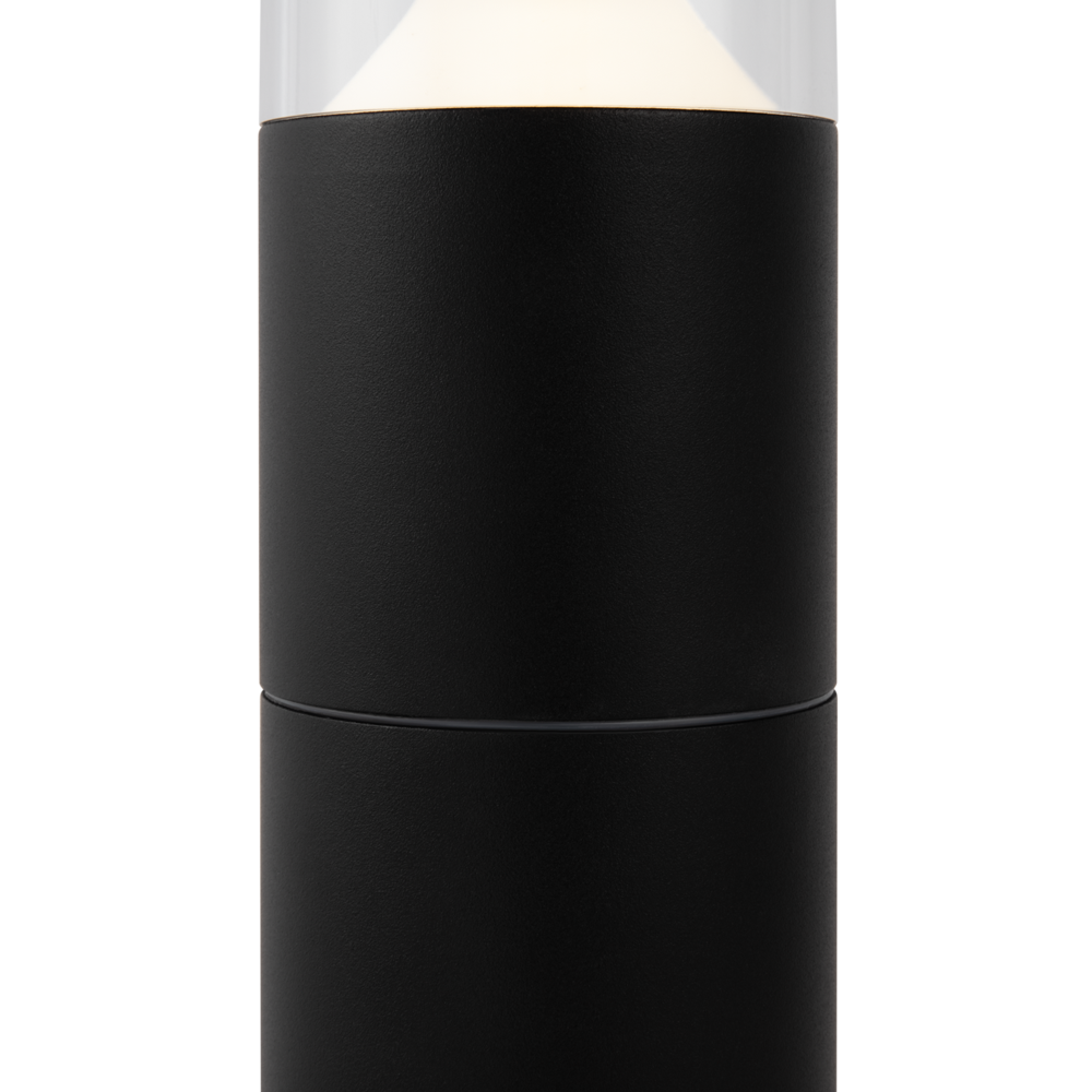 Détail du corps noir satiné avec fine jonction circulaire entre les deux sections cylindriques.