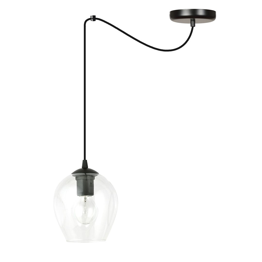 Vue de face du luminaire montrant le câble noir et la douille