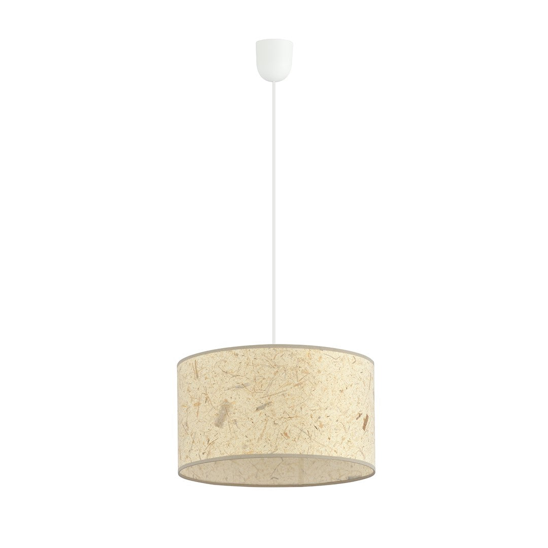 Vue de face du luminaire suspendu, abat-jour cylindrique beige et câble blanc.