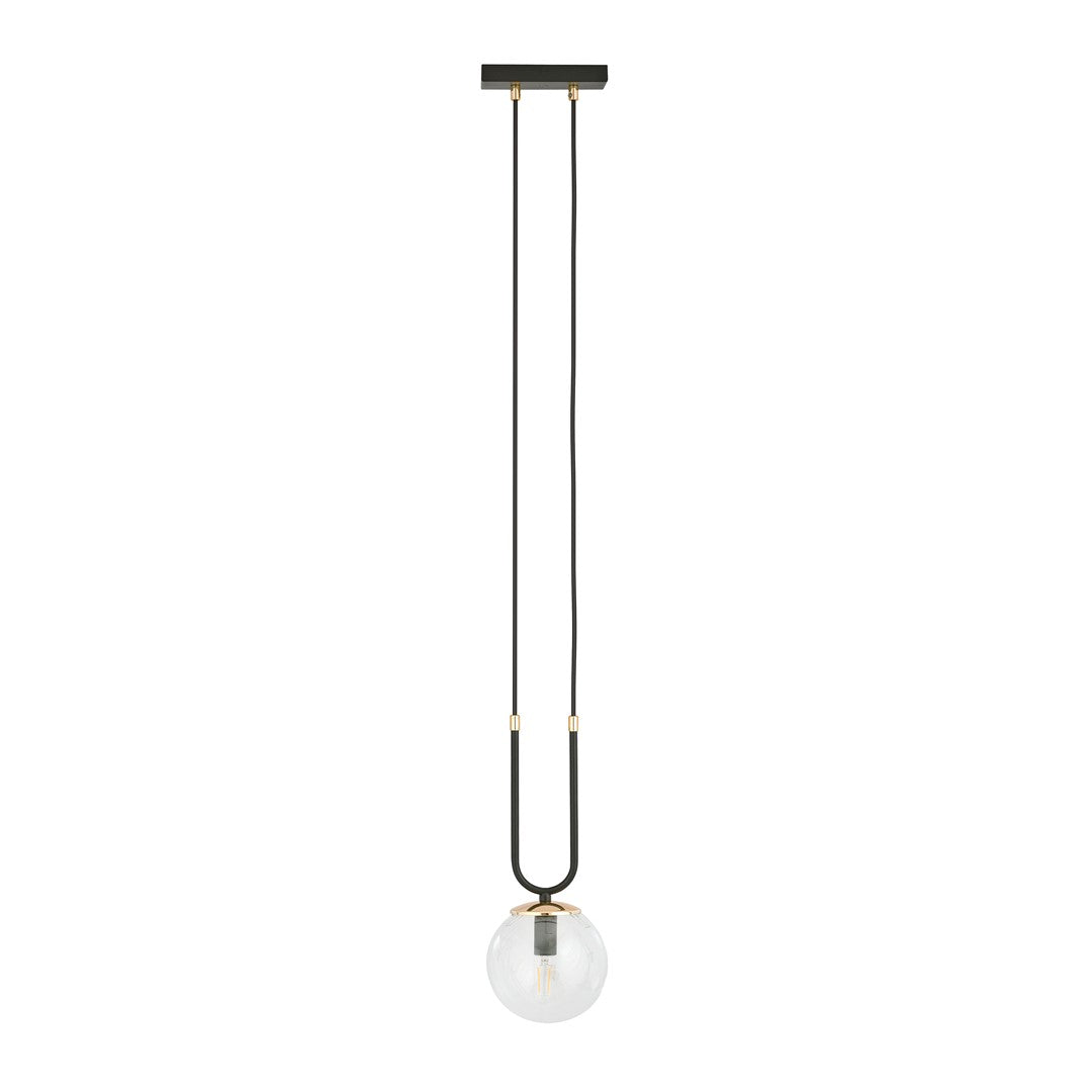 Vue d'ensemble du même luminaire noir, verre rond et détails dorés visibles sur fond blanc.