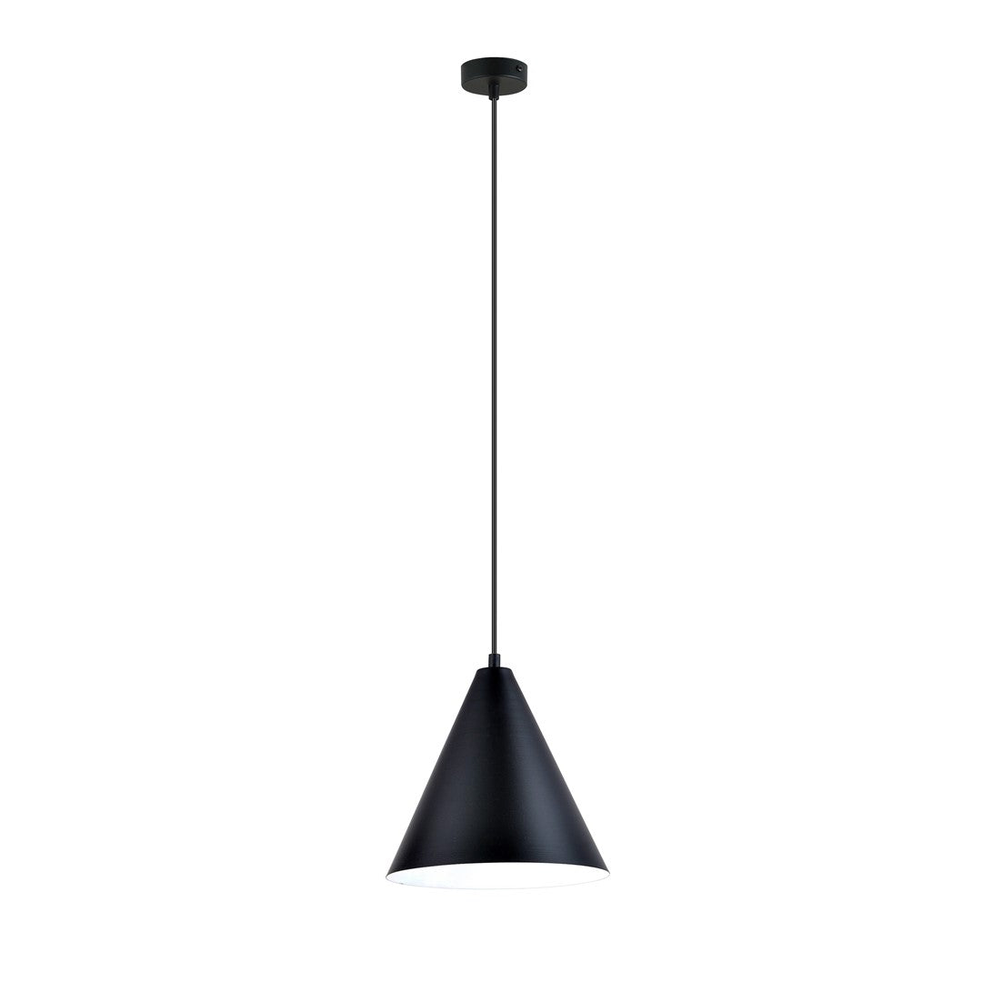 Luminaire présenté légèrement de biais, câble et rosace noirs visibles