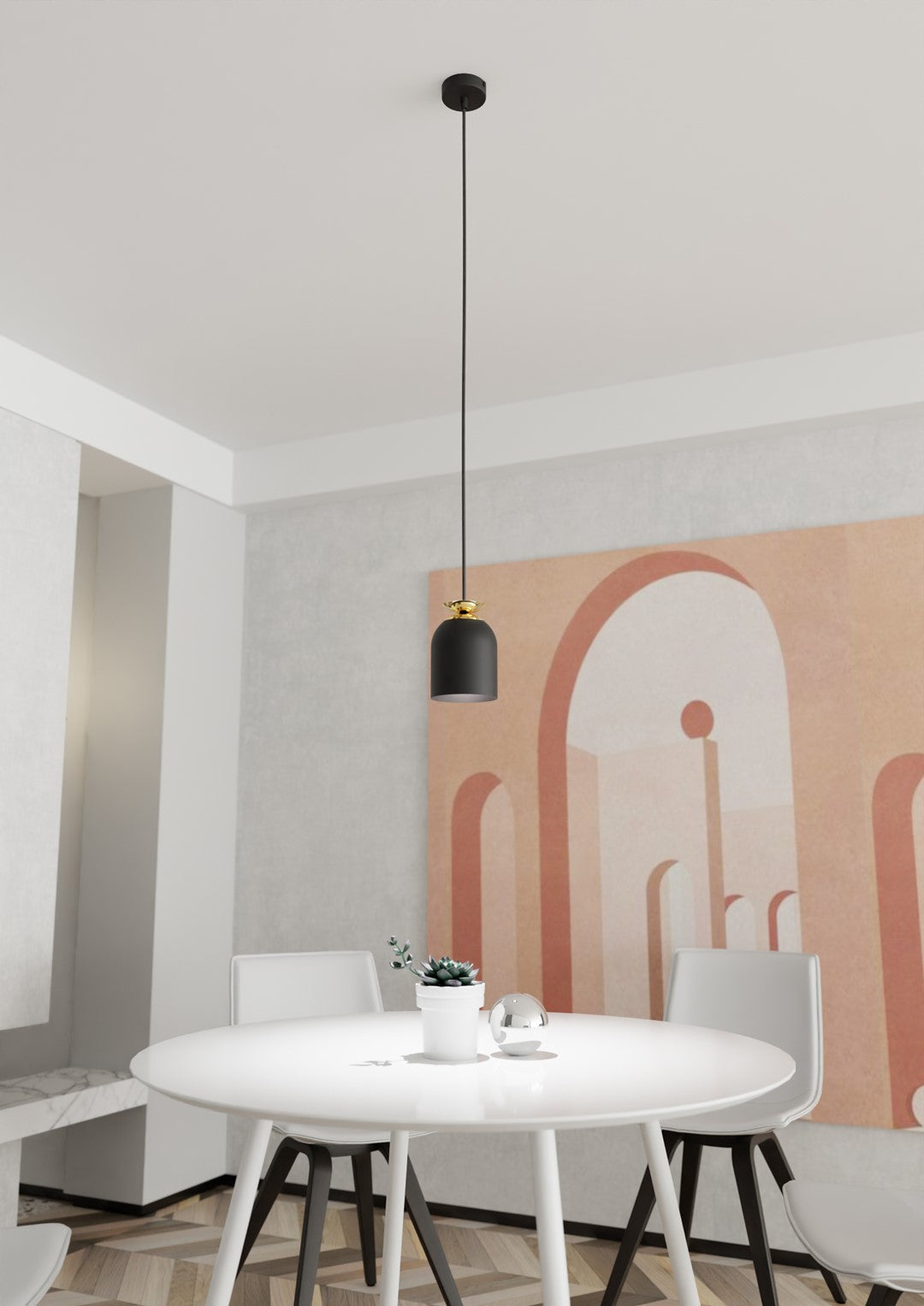 Mise en ambiance salle à manger, luminaire suspendu au-dessus d'une table ronde blanche