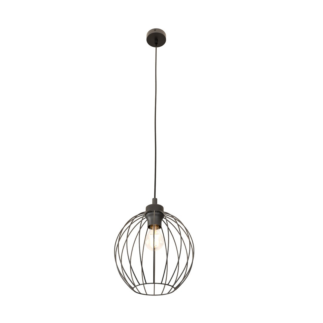 Vue rapprochée du luminaire noir montrant la cage filaire et le câble