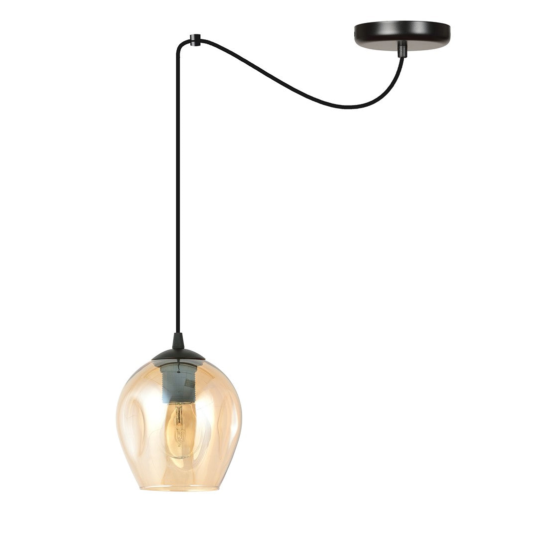 Vue de profil du luminaire, câble noir souple et boule ambrée suspendue