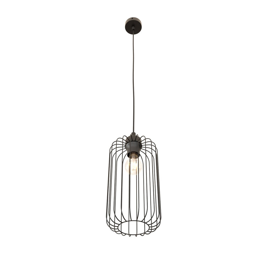 Autre vue produit du luminaire suspendu noir, cage allongée et ampoule allumée
